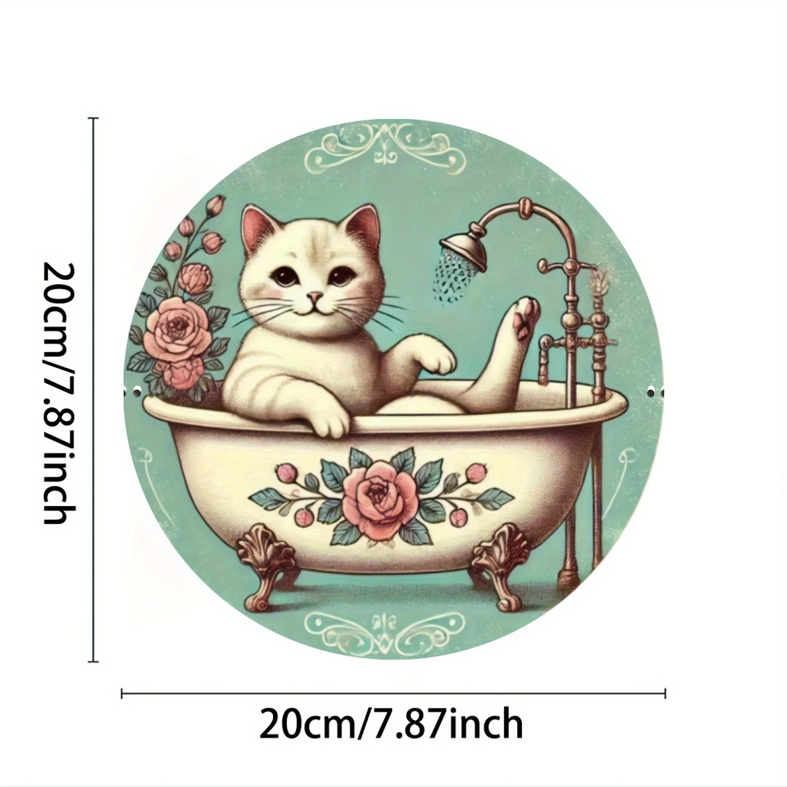 Vintage Cat Bathing Metal Sign Aluminum Wall Art with Charming White Cat in Bathtub,Floral Design& Retro Style,Perfect for Home
