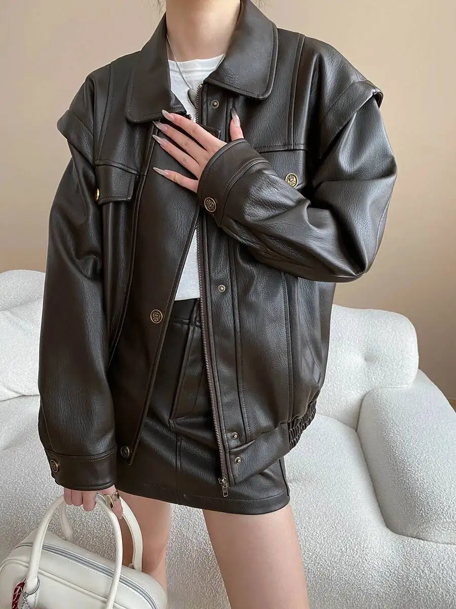 秋のヴィンテージ Pu レザージャケット女性ルーズターンダウン襟長袖カジュアルショートコート