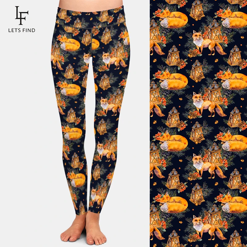 LETSFIND 220gsm Double Side Brushed Milk Silk Printing Cute Fox, Rustic Lantern Women  Pant High Waist Fitness Leggings