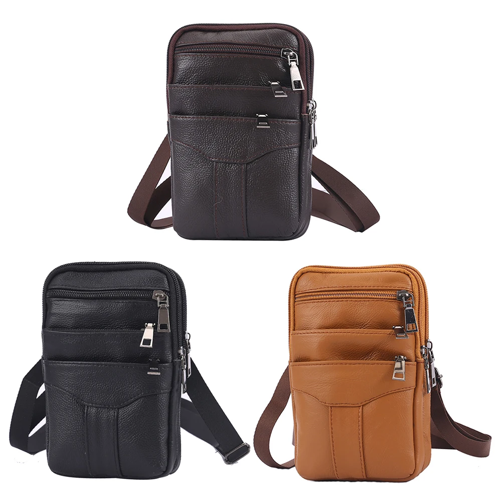 Men Leather Waist Bag Shoulder Crossbody Bags Retro Cowhide Mobile Phone Pouch for Men Outdoor Travel Shopping