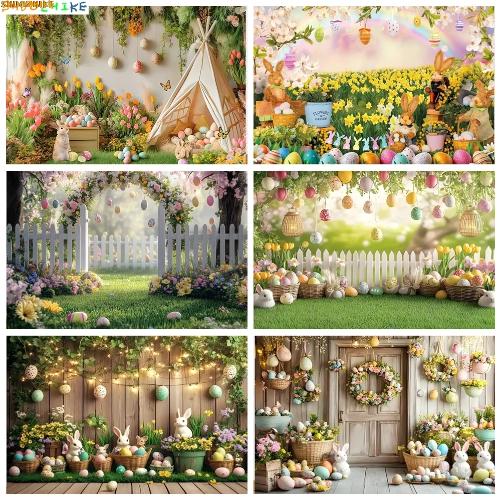 

Indoor Tent Children Birthday Photography Backdrops Props Happy Easter Day Rabbits Butterfly Eggs Flowers Photo Background YN-01