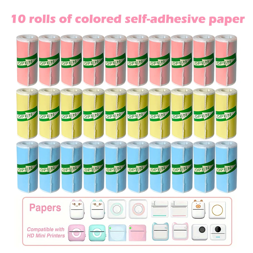 10 rolls Portable Pocket Printer 57mm Color Adhesive Thermal Printing Paper Set - Print Anywhere Anytime Study Notes Work Photos