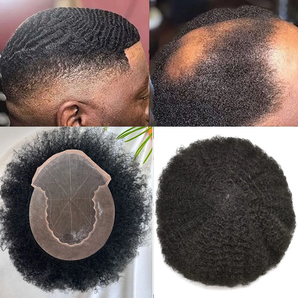 African American Men's Afro Curl Toupee 360 Weave 8x10French Lace Front Kinky Curly Human Hair Wig System Replacement Men Toupee