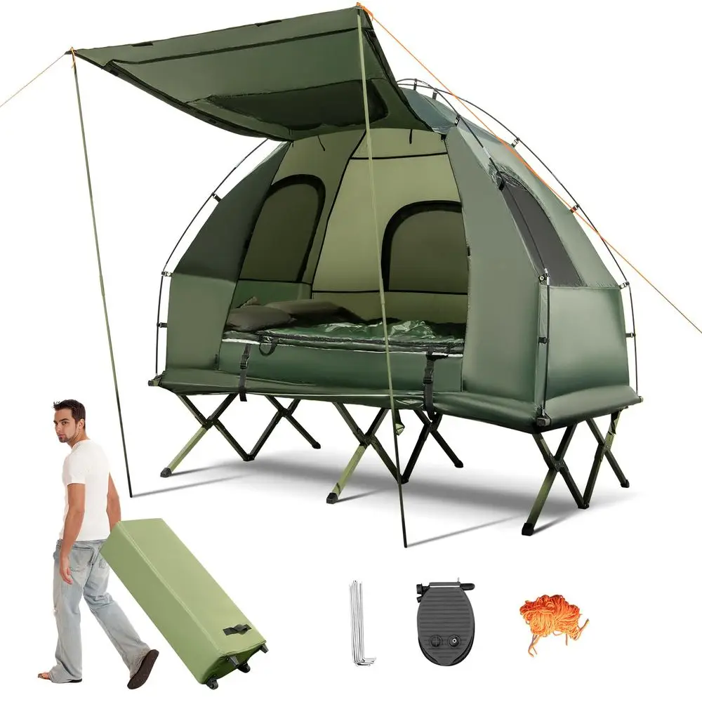 

5in1 Tent Cot with Air Mattress, Sleeping Bag, Pillow, Canopy, Zippered Mesh Windows amp Carry Bag, Elevated Tent for Camping,