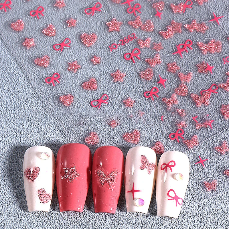 Pink Butterfly Butterfly Bow Nail Stickers Shiny Laser 3D Butterflies Nail Decals Adhesive Butterfly