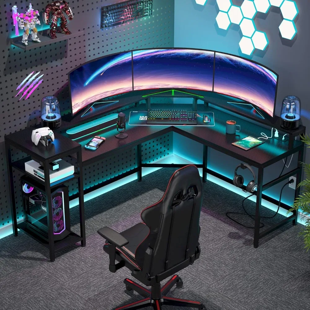 L Shaped Gaming Desk with Power Outlet & LED Stripe, Storage Shelves, Modern Corner Computer Desk