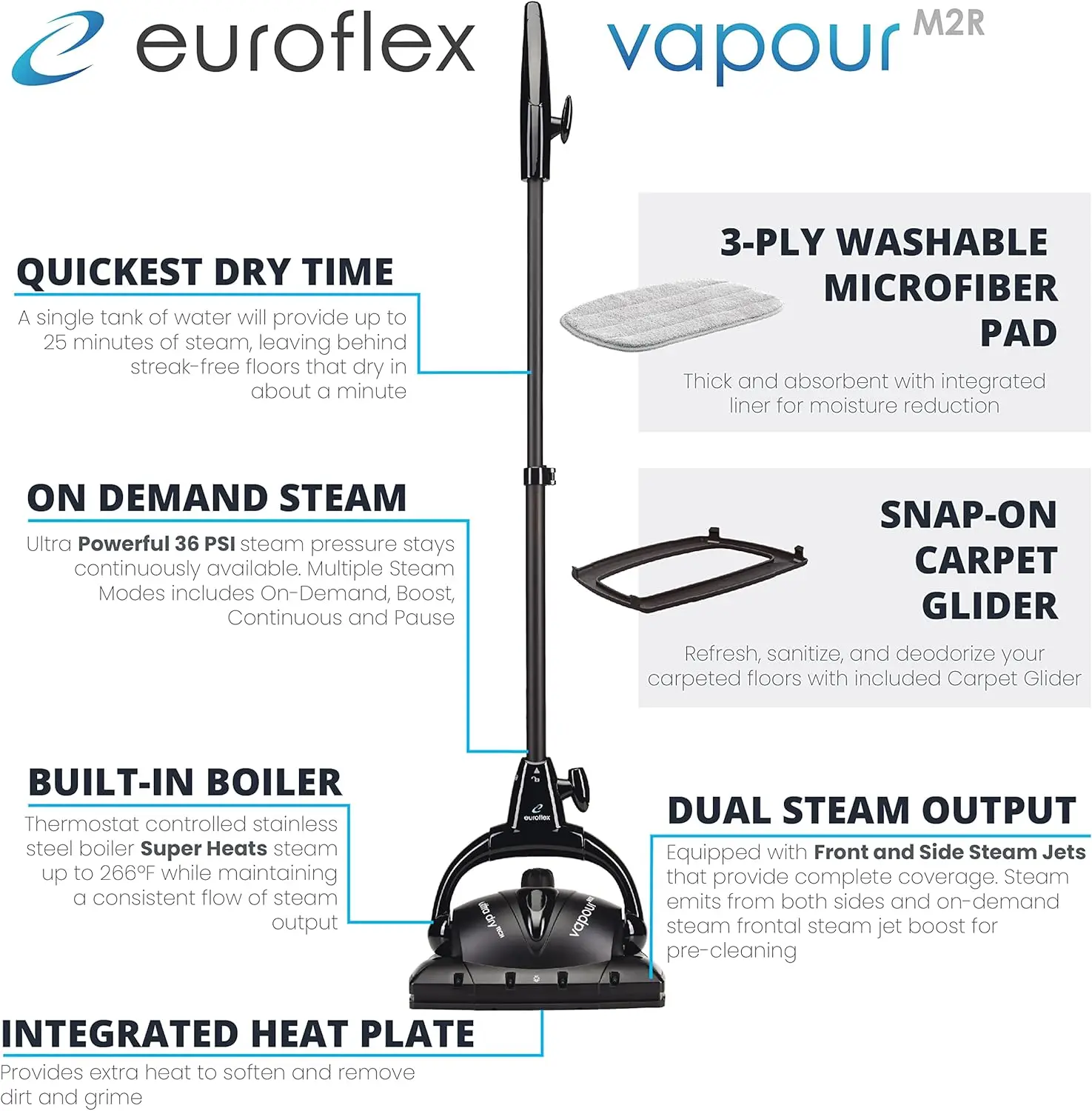 Vapour  Steam Mop with Ultra Dry Steam® Technology; Commercial Grade Cleaning Power; 295°F & 50 PSI; Italian Designed & Engin