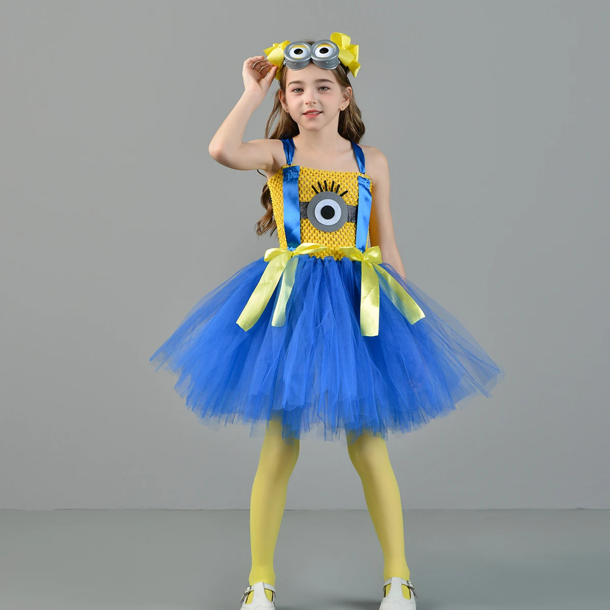 Little people Yellow Girls Tutu Dress with Glasses Kids Halloween Cosplay Party Stage Performance Costume Anime Cartoon Clothes
