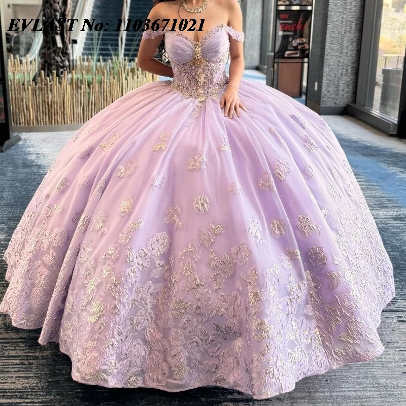 

EVLAST Mexican Lavender Quinceanera Dress Ball Gown 3D Floral Applique Beading Corset Sweet 16 Vestidos De XV 15 Anos SQ147