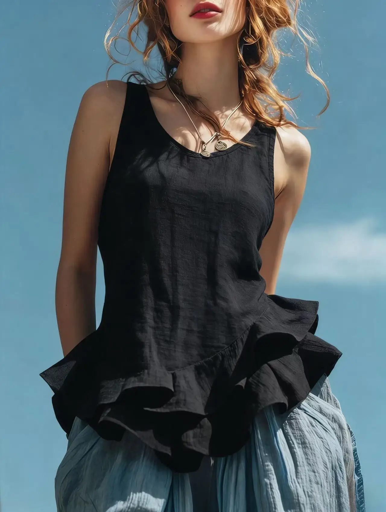 

Spring Summer Casual Vest Solid Color Simple Elegant Fashion Beach Vacation Sleeveless Round Neck Ruffled Cotton Linen Tops