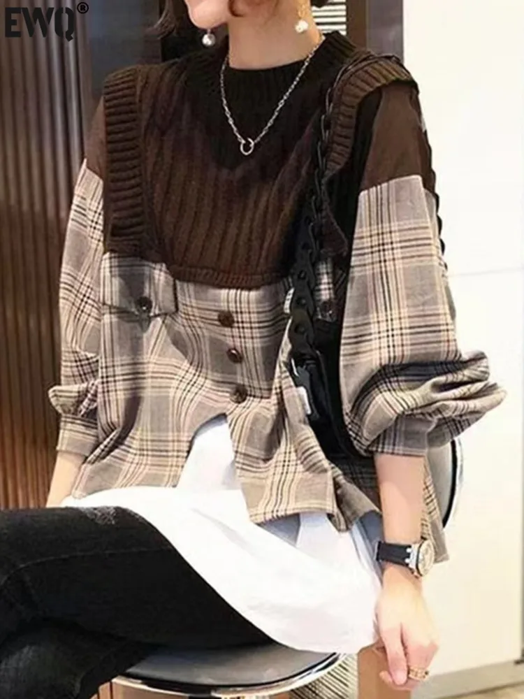 [EWQ] Contrast Colors Fake 2 Piece Plaid Shirts Spliced Knit Sweater Fashion Women Long Sleeve Pullover Tops 2024 Autumn 16O1907