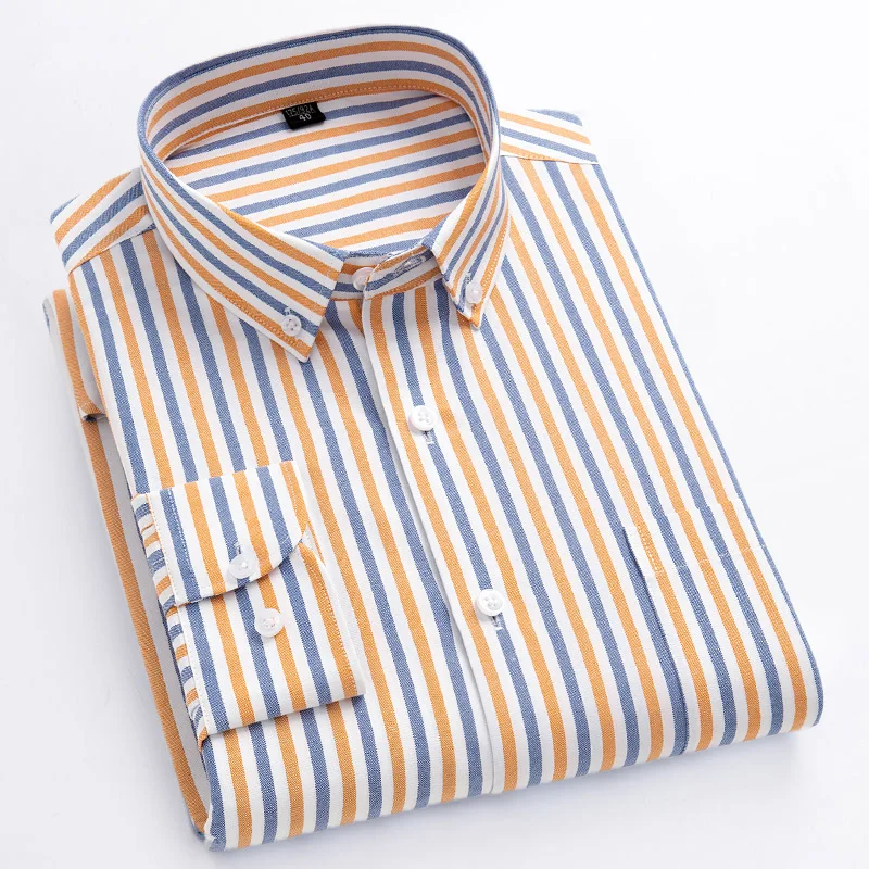 Camisa clásica de algodón para hombre, camisas a cuadros a rayas de manga larga, cómodas, suaves y versátiles, camisas sociales informales de