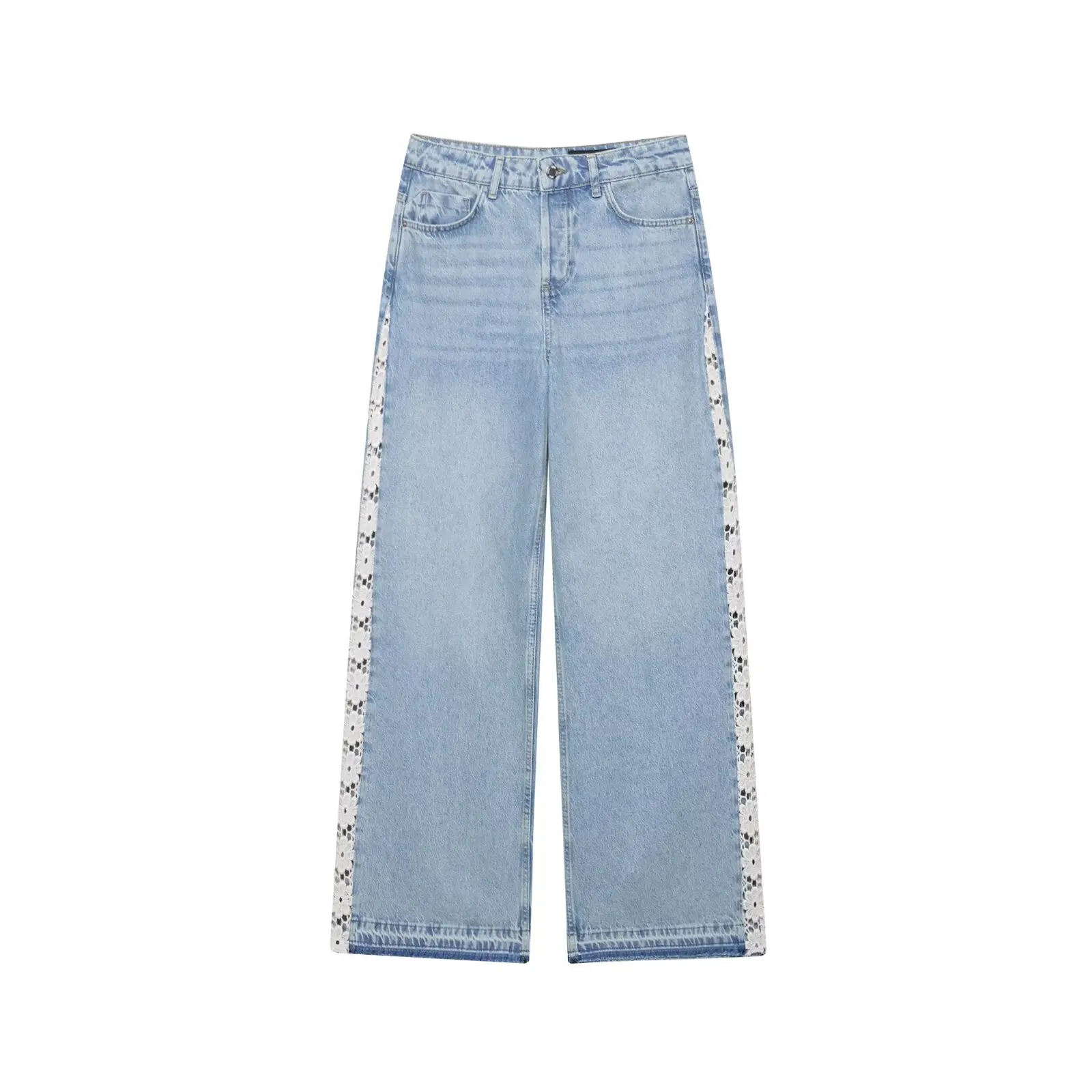 

BSK&TRAF2025 women's autumn new side crochet hollow stitching casual fashion high waist wide leg jeans