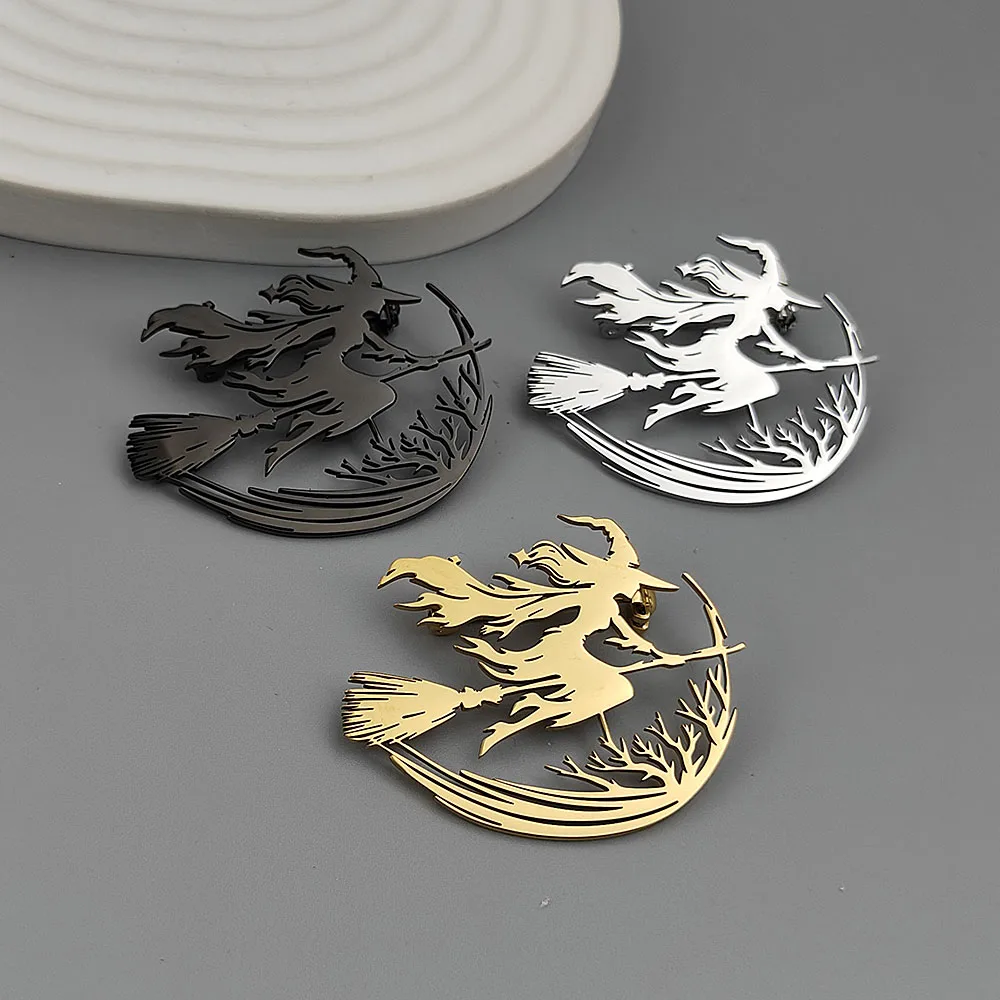 Original design hollow branch witch stainless steel gold-plated brooch, waterproof and non-fading pin, men's suit badge