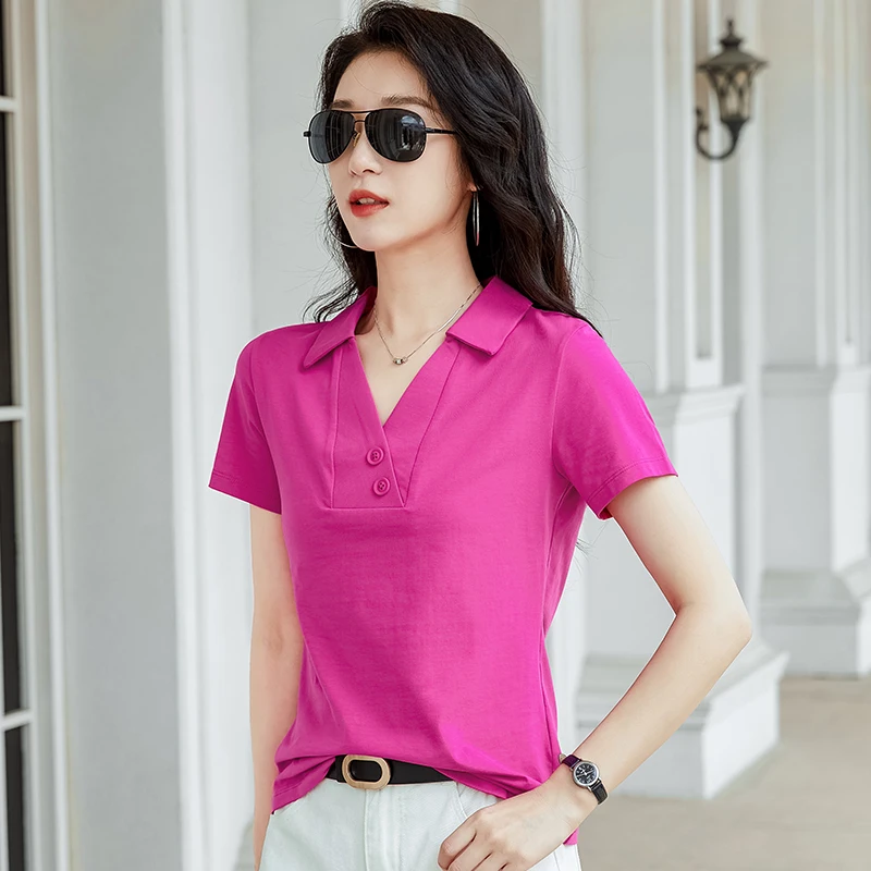 2023 Summer New Short Sleeve Women\'s T-shirt V-shaped Turndown Collar Cotton Button Cotton Comfortable Solid Color Top