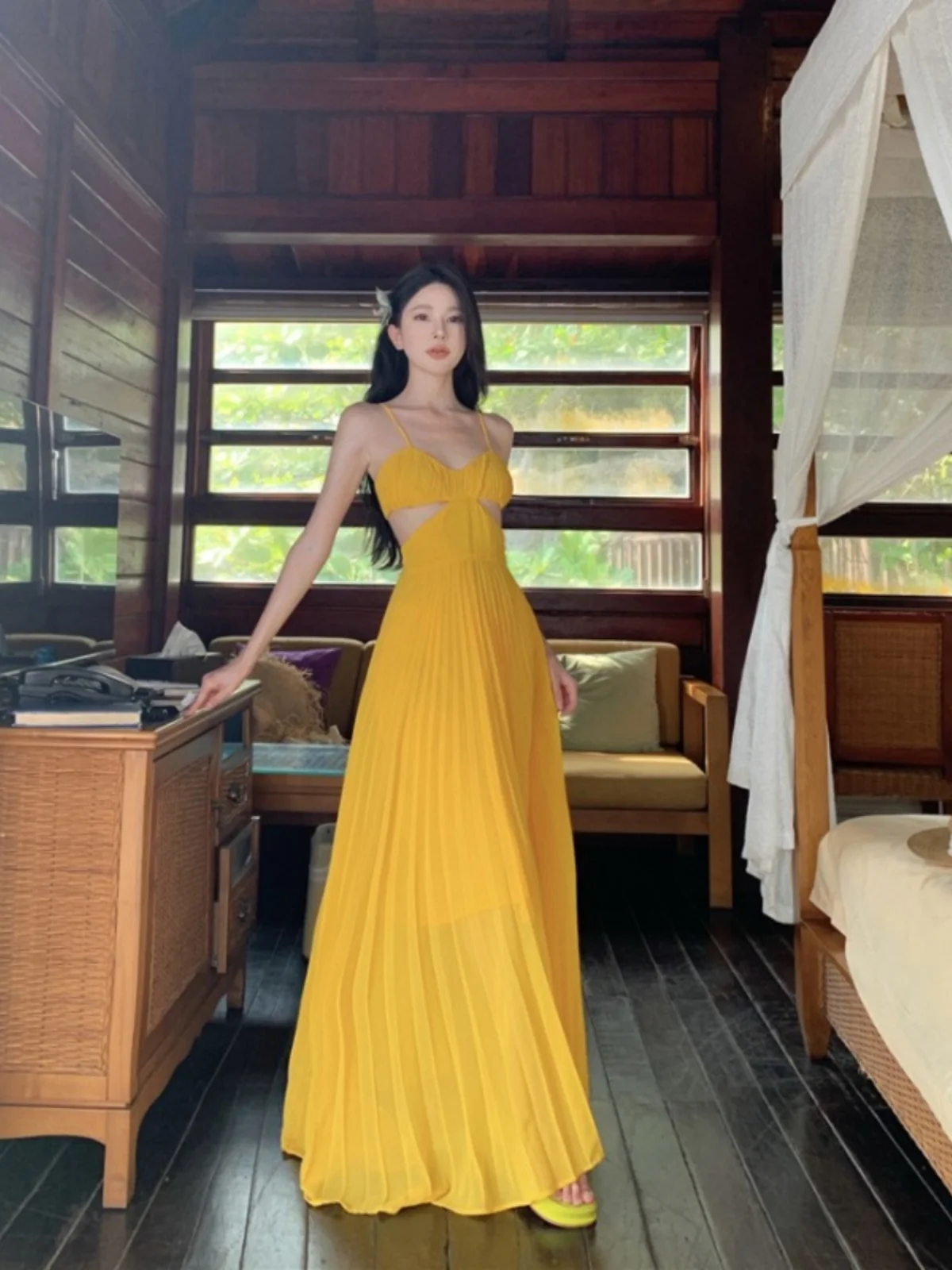 Vestido Largo de Playa, Color Amarillo, Estilo Delgado, con Tirantes, Falda Midi Informal de Cintura Alta, Ropa de Verano