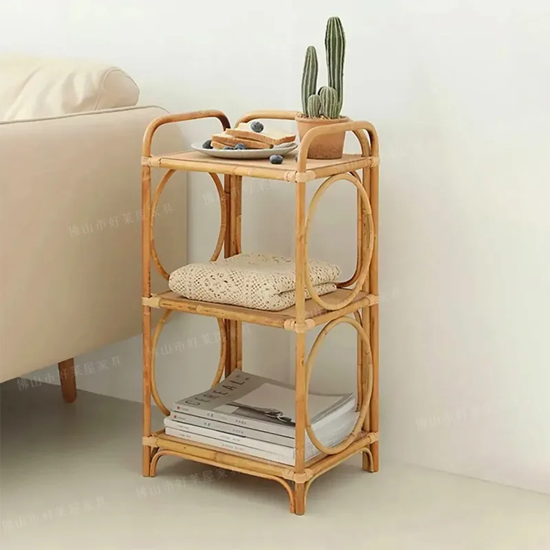 Multi-functional Bedside Table Floor Multilayer Storage Cabinet Bedroom Rattan Storage Rack Living Room Sofa Room Desks