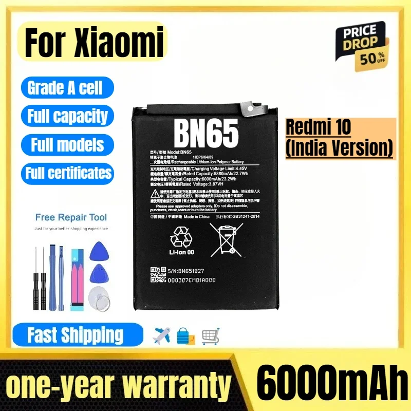 BN65 for Xiaomi Redmi 10 (India Version) Phone Battery High Quality High Capacity Replacement Bateria Grade A Cell with Tools