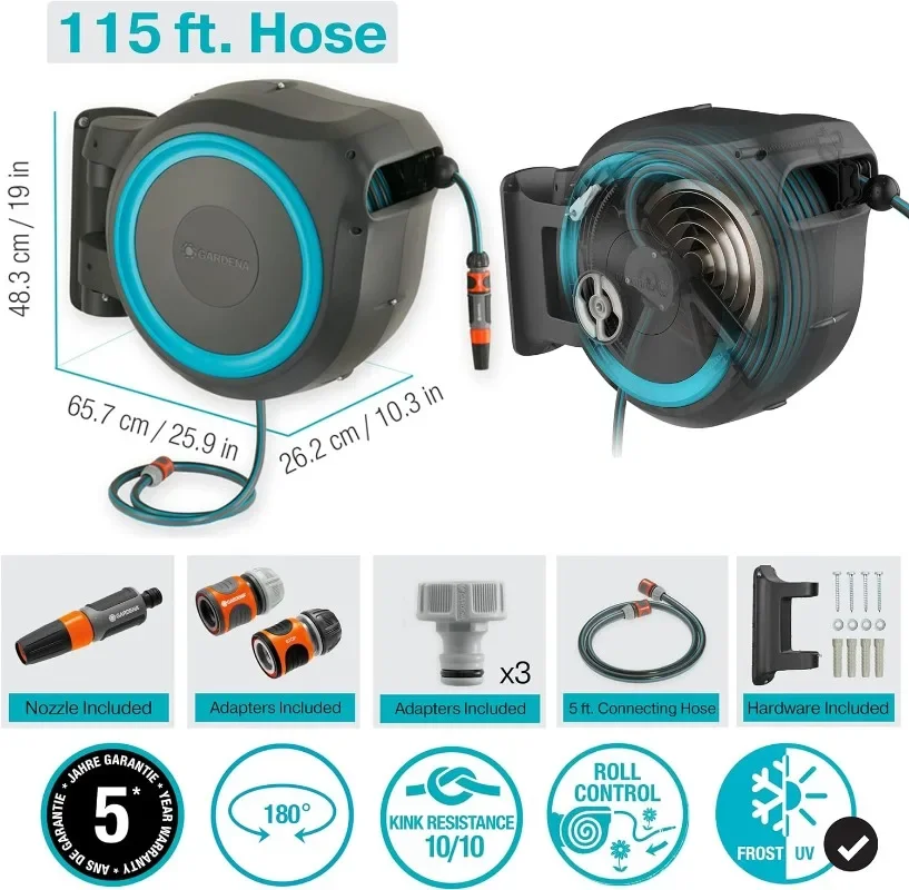 GARDENA Wall Mounted Retractable Hose Reel, 115 feet, Black and Turquoise