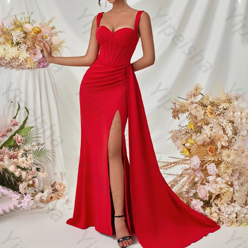 فساتين سهرة حمراء حورية البحر بدون أكمام أنيقة بفتحة جانبية فستان المشاهير رائع عالي الجودة للحفلات الراقصة للنساء حسب الطلب #3