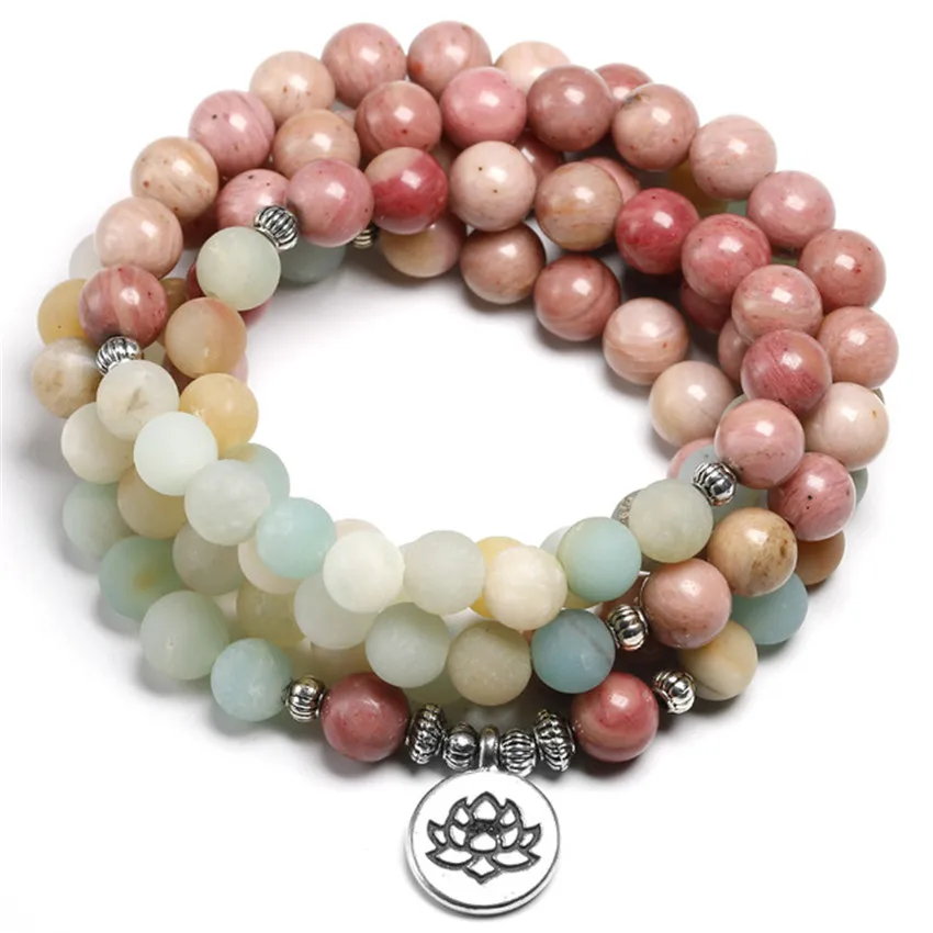 

8mm 108 Amazonite stone lotus pendant bracelet Unique Unisex Artisan Charm Stones Teens Relief Prayer