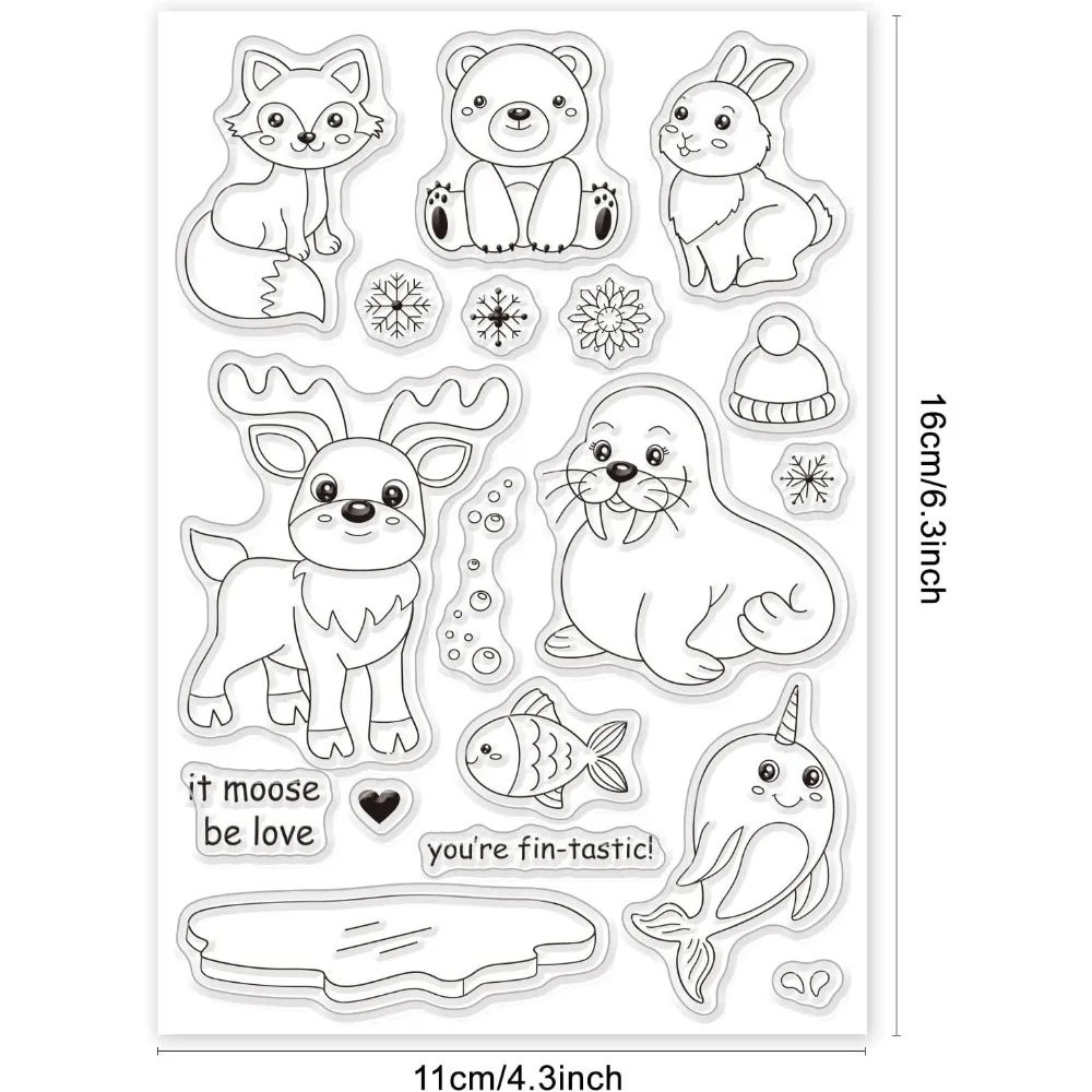 Animal Silicone Clear Stamp Reindeer Polar Bear Rabbit Walrus Narwhal Fish Transparent Stamp for Holiday Card Making DIY