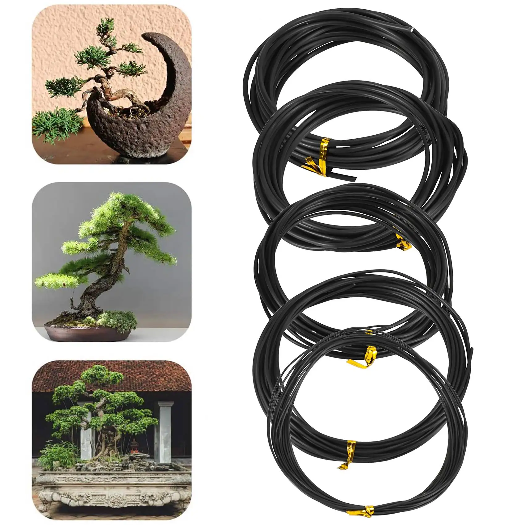 Fio de treinamento de bonsai de alumínio anodizado, conjunto de 5 tamanhos-1,0 mm, 1,5 mm, 2,0 mm, 2,5 mm, 3,0 mm (147 pés total) - Escolha sua cor (5 tamanhos, preto)