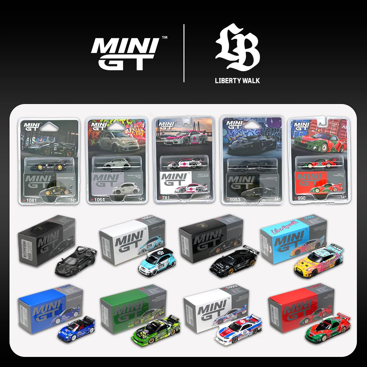 MINIGT LBWK 1:64 Lamborghini LB Silhouette MURCIELAGO Countach Abarth 595 ER34 S15 AZ1 RX7 Diecast Car Model Collection Toys