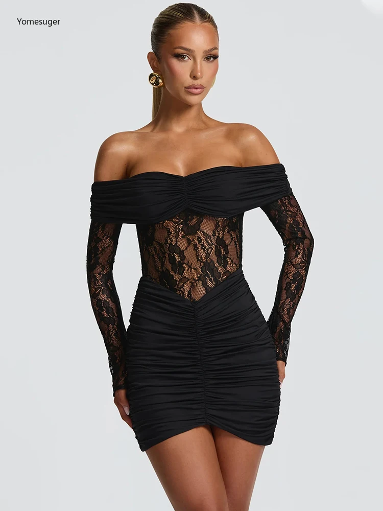 Yomesugar Sexy Lace Patchwork See Through Mini Dress Women Ruched Off Shoulder Full Sleeve Skinny Gown Birthday Party Clubwear