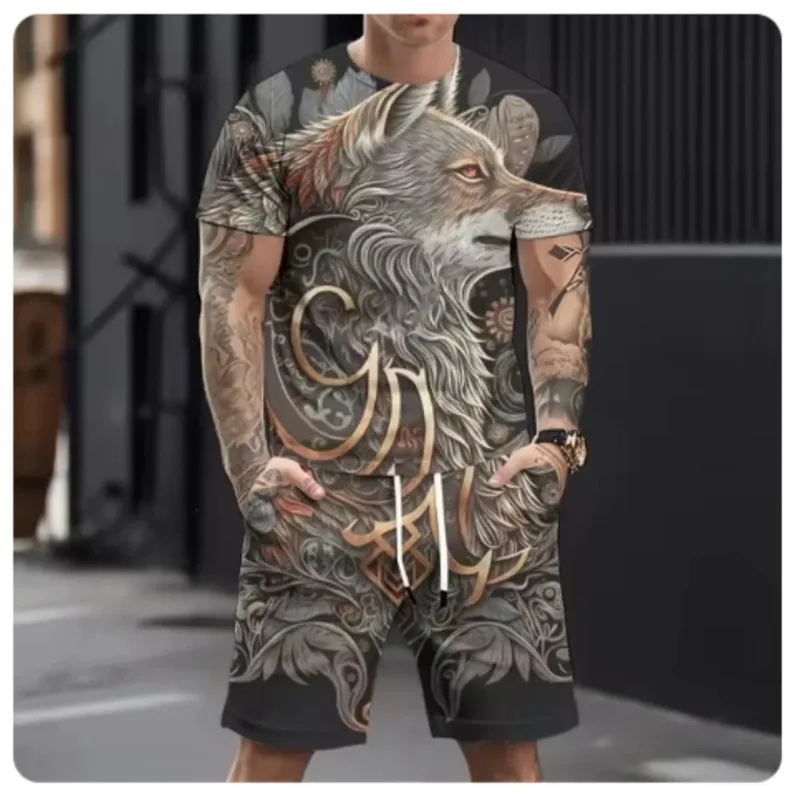 2025 hot selling refreshing style summer casual breathable ultra loose men's top men's casual 3D printed wolf pattern sports set