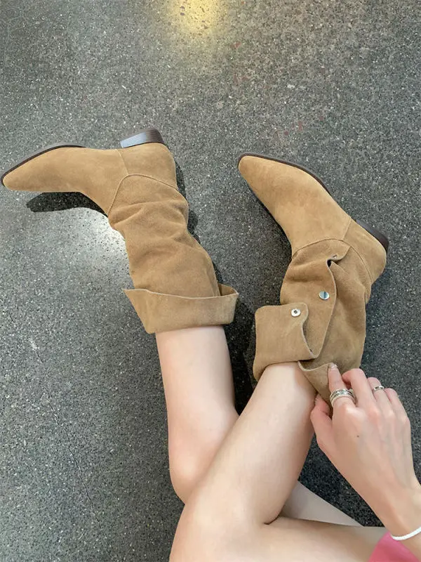 Mid Calf Chunky Chelsea Boots Women Winter Shoes 2023 New Designer Suede High Boots Casual Mid Heels Goth Snow Motorcycle Botas