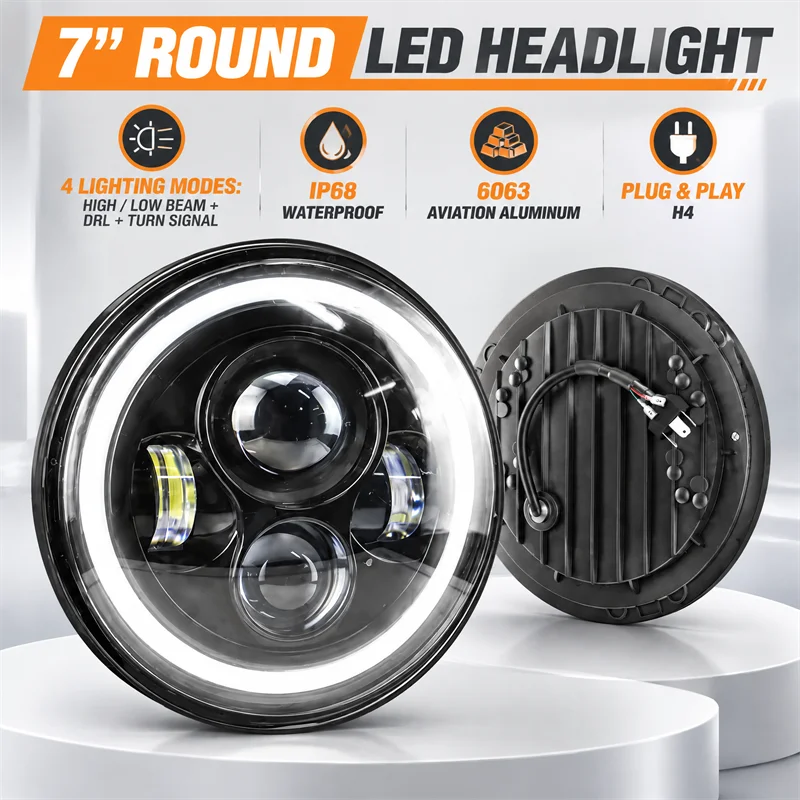 7 Inch Motorcycle LED Headlight 6000K 60W For Jeep Wrangler JK TJ Headlight Angel Eye DRL Amber Turn Signal For Harley Headlight