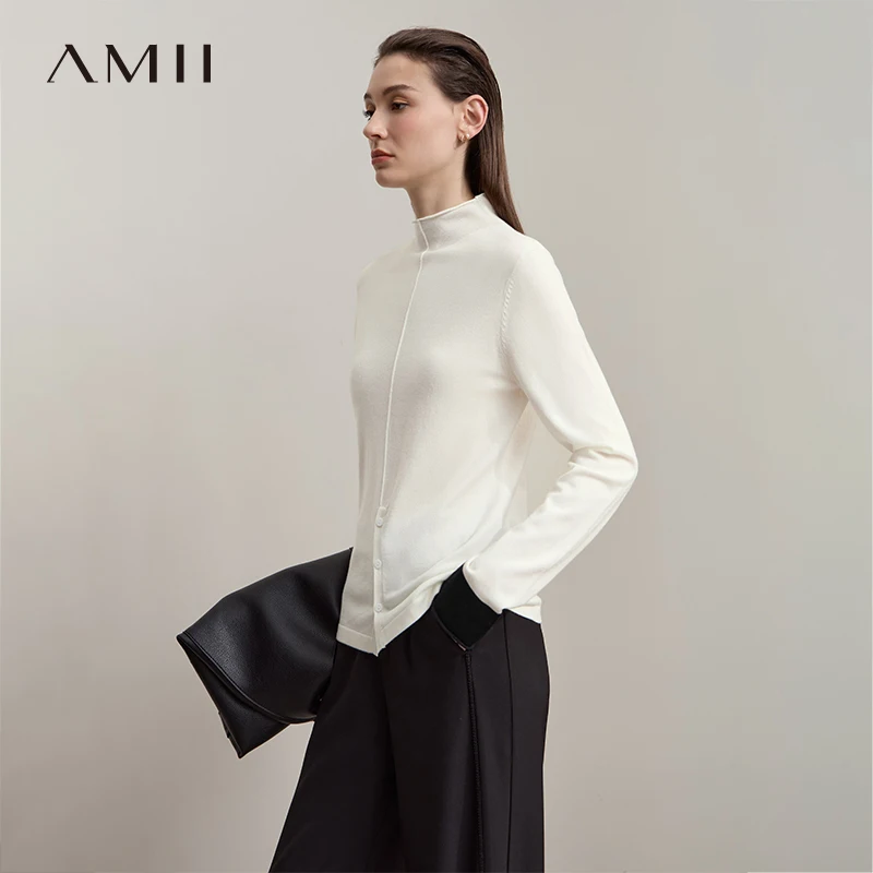 

AMII Women's Sweater 2025 Autumn New Solid Versatile Female Knitted Top Half-high Collar Long Sleeves Pullovers Woman 12523075