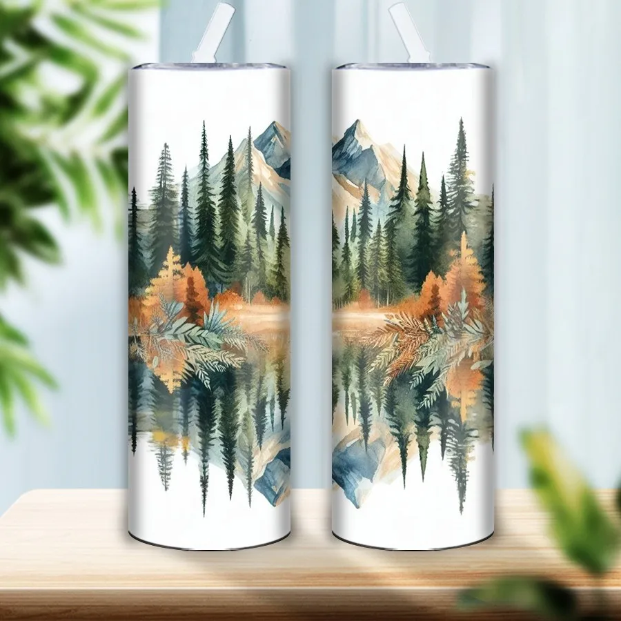 1Pc 3D Print Forest Lake Party Tumblers Straw Lid 20oz Stainless Steel Seamless Inflated Coffee Party Vacuum Cups Anniversary