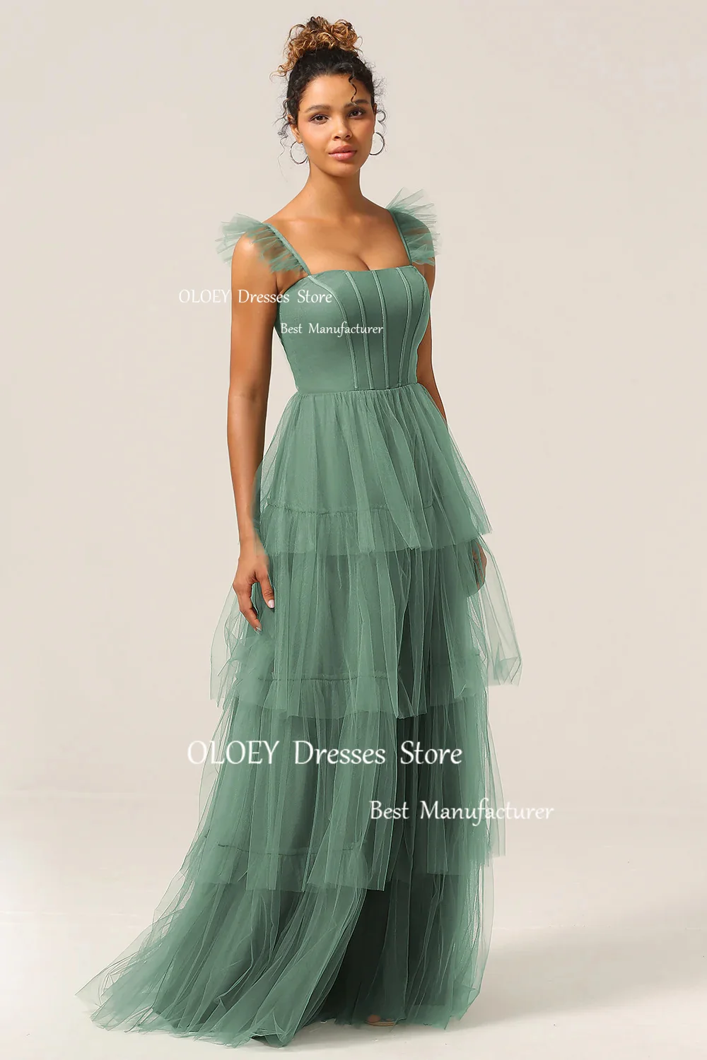 OLOEY Elegant Strapless Green Prom Dress Tiered Silky Organza Photoshoot Wedding Party Dress Floor length Performance Dress