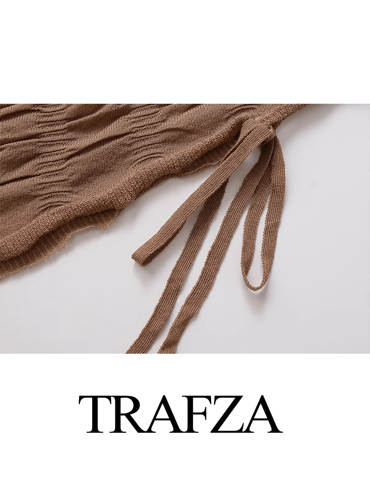 

TRAFZA Women Autumn Fashion Versatile Lace-up Crew Neck Long Sleeve Knit Top Female Elegant Asymmetric Hem Pleated Casual Top