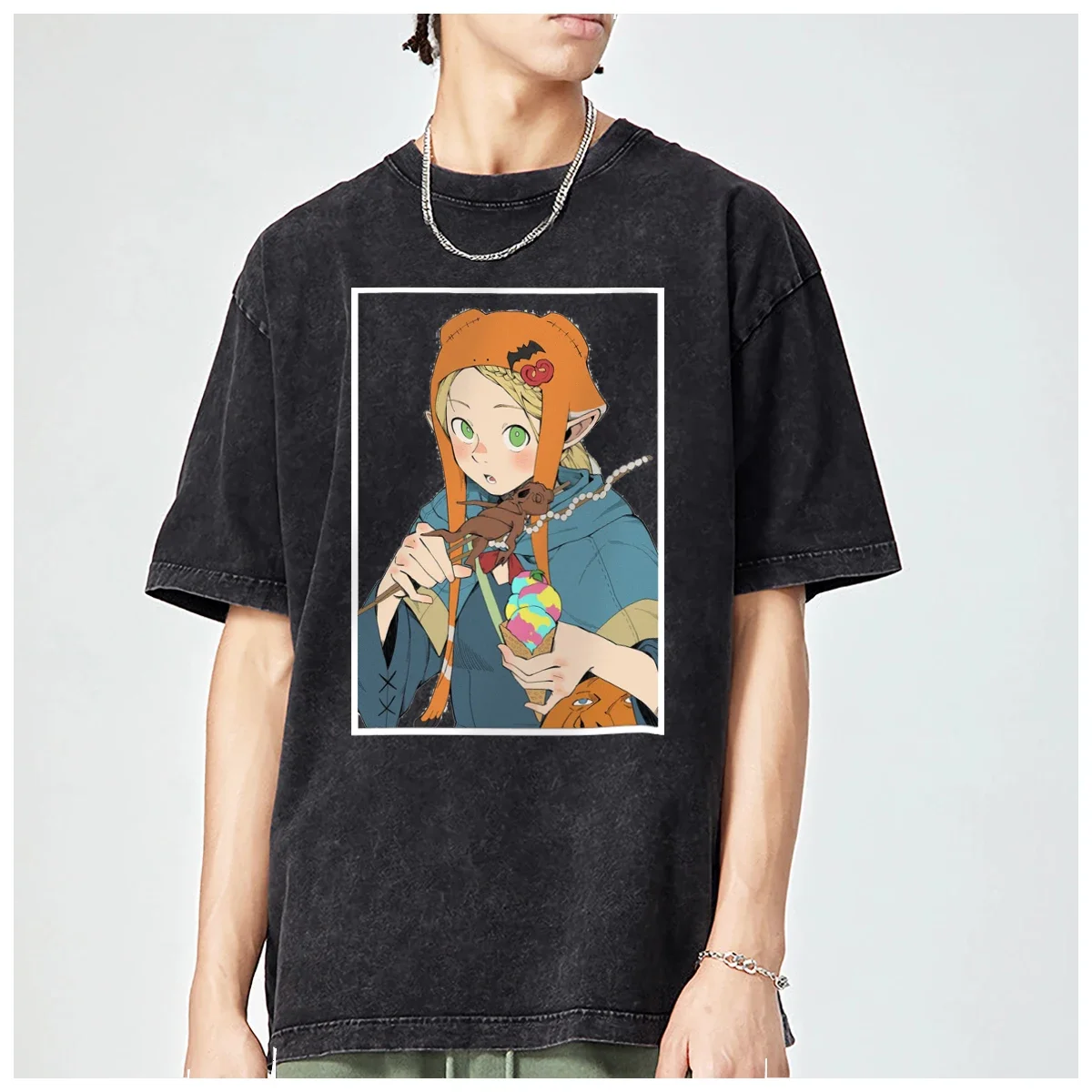 Hiphop Anime D-Delicious In Dungeon Senshi For Food Oversized t shirt men Women Fashion Casual Vintage Washed Cotton Unisex TOP