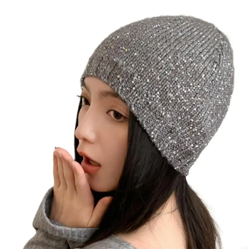 HX6F Chic Trendy Sequins Headwear Perfect for Parties Shows Nightlife Stylish Outfits Knit Hat Eye-Catching Trendy Sequins