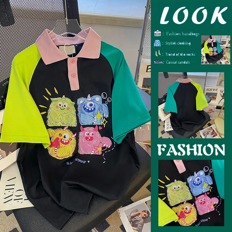 

Color Block Sleeve T-Shirt Women's American Style Shirt Short Sleeve Fashionable Cotton Commute Style Printed Cartoon