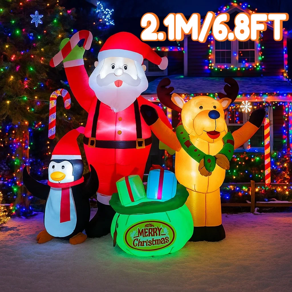 2.1M/6.8FT Inflatable Santa Reindeer Penguin with Gift Bag  Lights LED Home Decorations Toys Yard Xmas Holiday Decor Supplies
