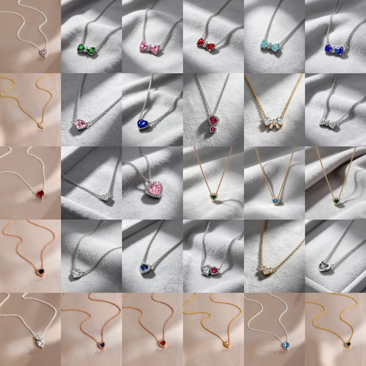 S925 Silver White Red Pink Blue Green Purple Heart shaped Bow Series Thin Chain Charm Women's Necklace Exquisite Jewelry