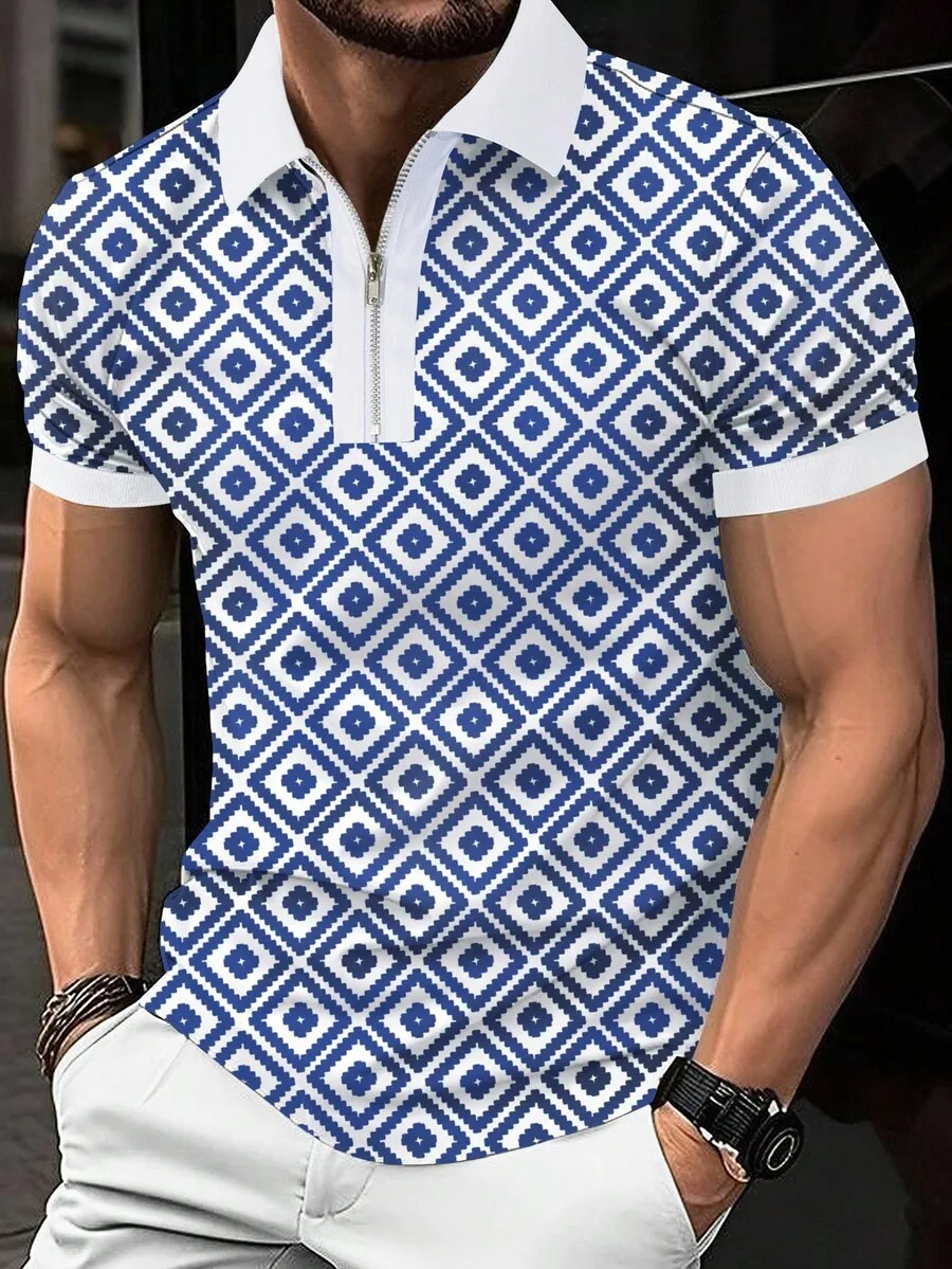 

Men's Blue and White Geometric Print Quarter Zip Polo Shirt
