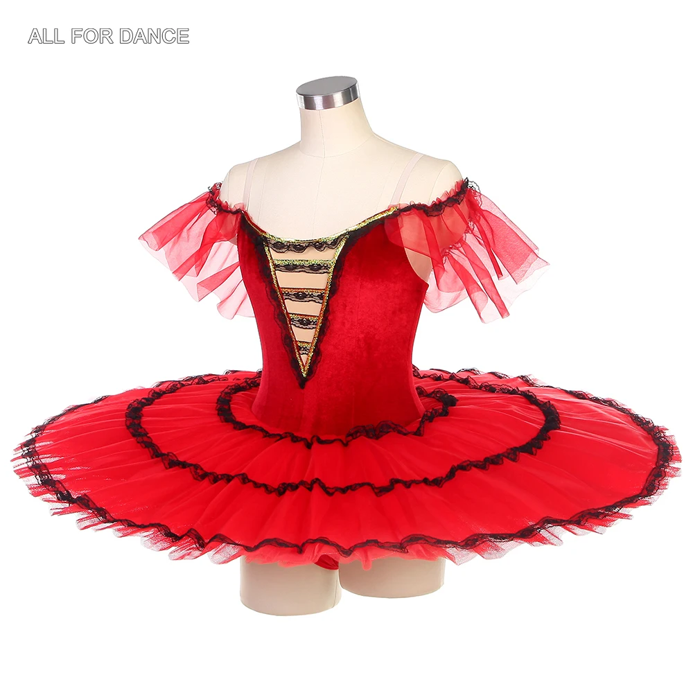 Bll428 fora do ombro ballet panqueca tutu vermelho veludo spnish tutu vestido 3 camadas ballet dança tutus para desempenho adulto