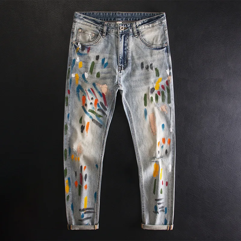 Fashion Ink Splash Spray Paint Graffiti Painted Jeans Men's Slim Fit Stretch Spring Summer Thin Long Pants