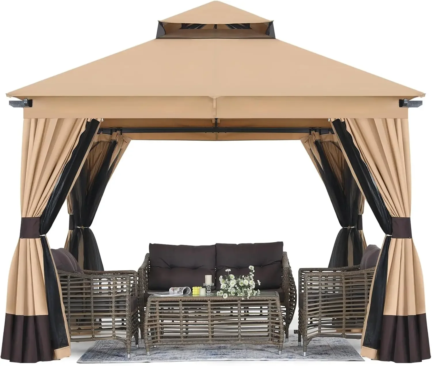 10x10FT Outdoor Patio Gazebo with Double Roofs, Mosquito Netting and Privacy Screens for Backyard, Garden, Lawn, Beige