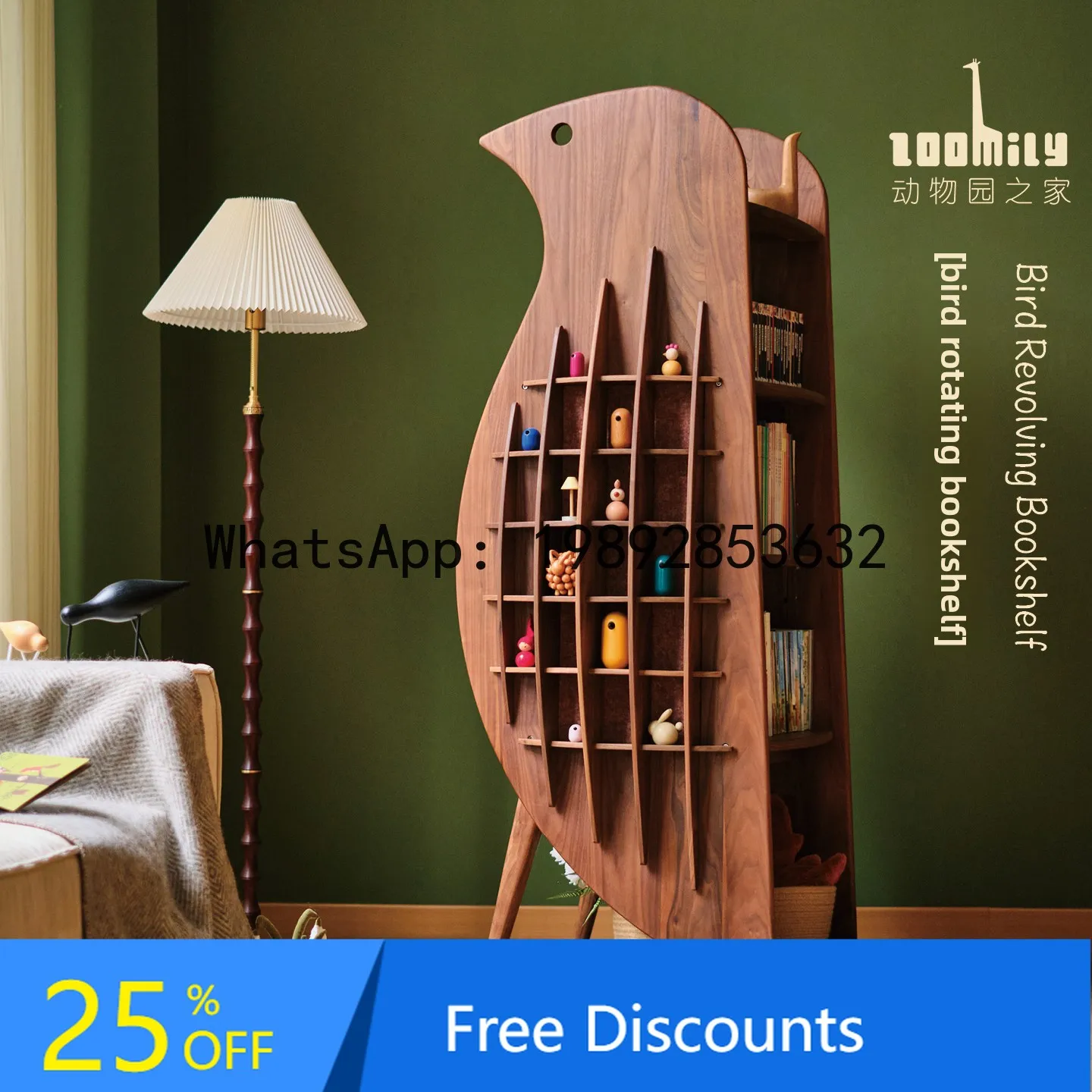 

YFY Flying Bird Rotating Bookshelf Storage Rack 360 Black Walnut Teak Solid Wood Figurine Storage Corner Display Cabinet
