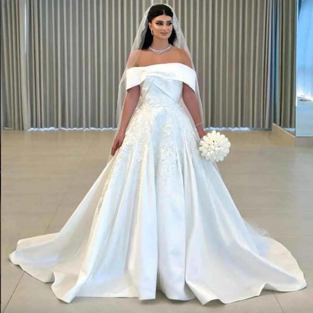 

Customized Satin Wedding Dress Off the Shoulder with Lace Appliques Bride Gown A Line Church vestidos de novia