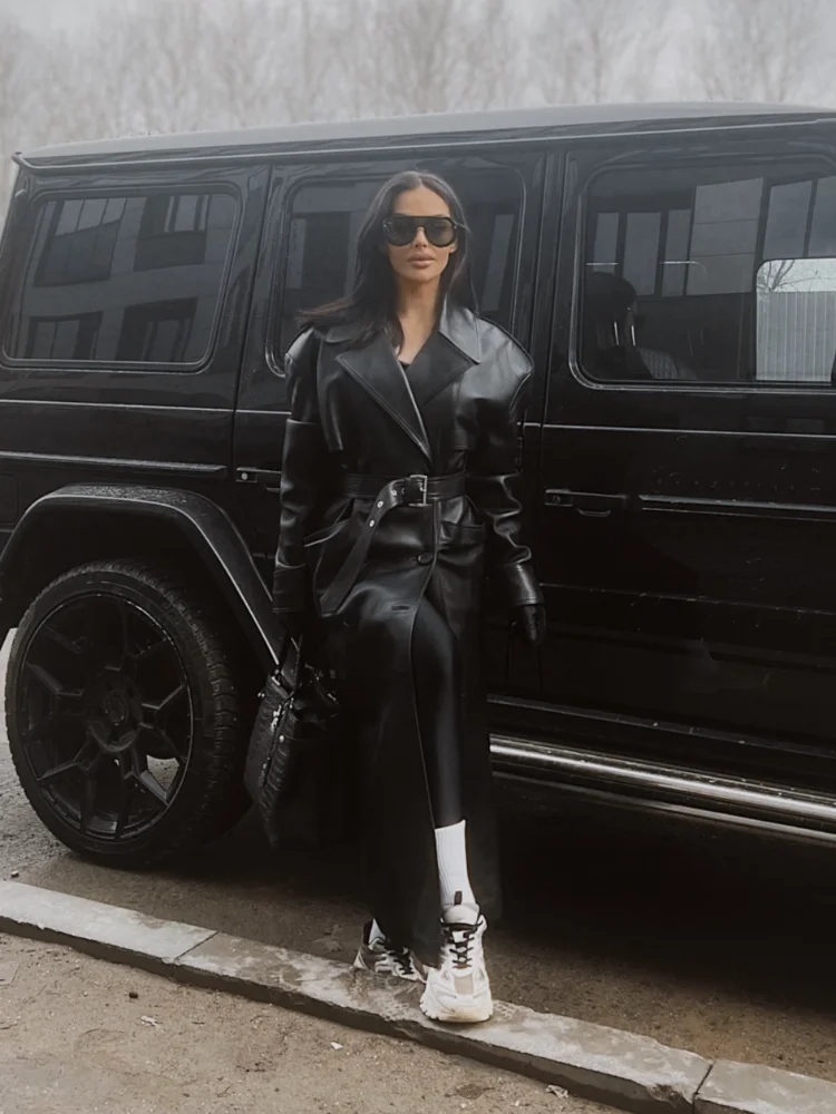 

Street Long Leather Jacket Women Double Breasted Lapel Lace Up Full Sleeve Belt Overcoat 2025 Autumn Fashion Lady Outerwear
