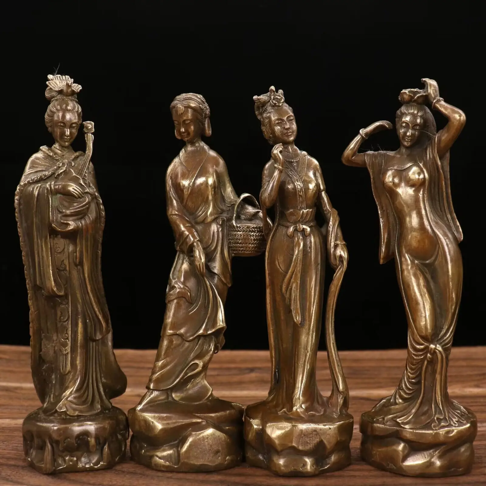 A set of Chinese yellow pure bronze statue of four beautiful women 5843