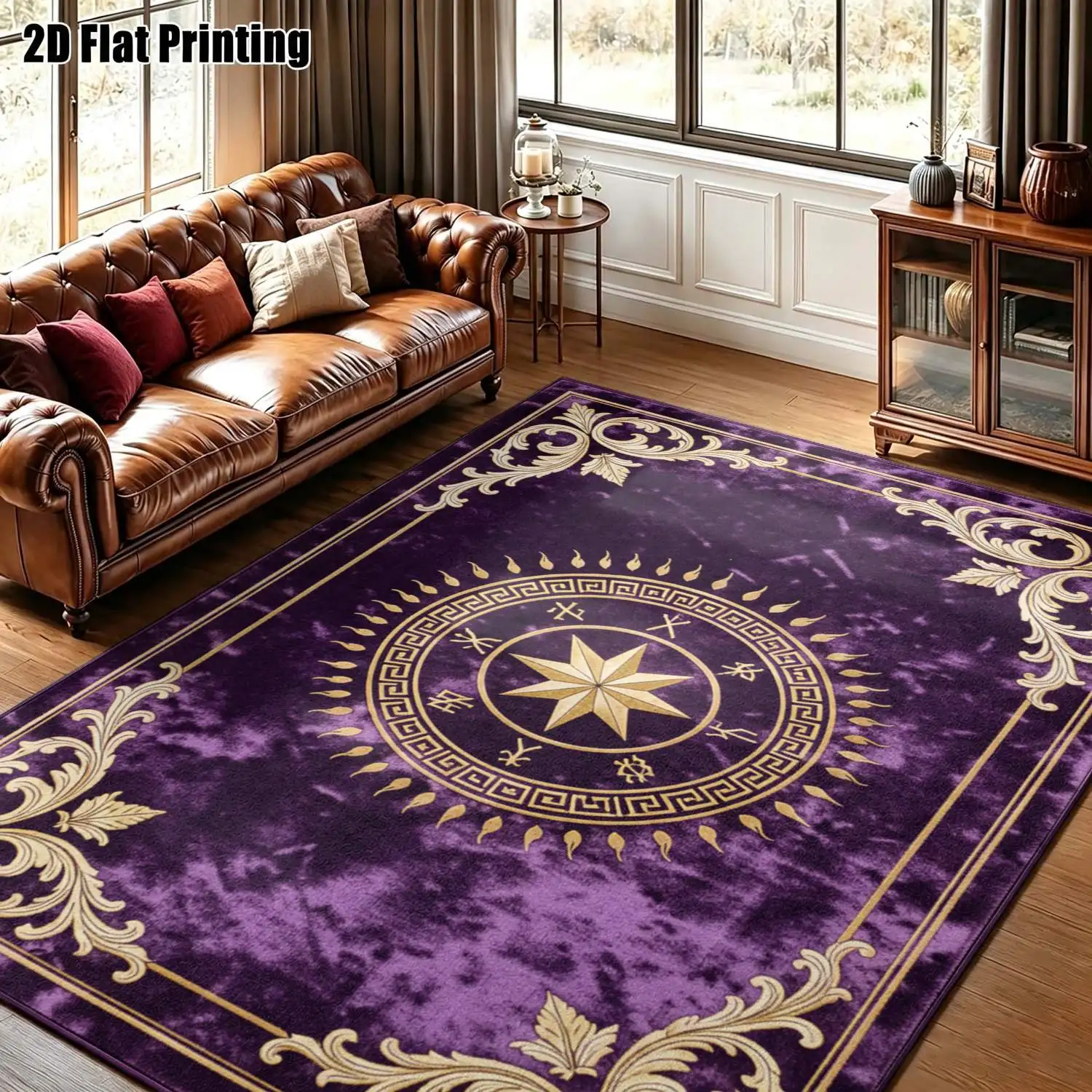 1Pc 2D Printed Carpet with Purple-Gold Retro Compass Pattern, European Light Luxury Decor, Multi-Size Washable, Ideal for Entrance, Dining Room, Bedroom, Living Room, Etc